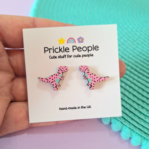 Prickle People - Pink Retro T-rex Dinosaur Stud Earrings