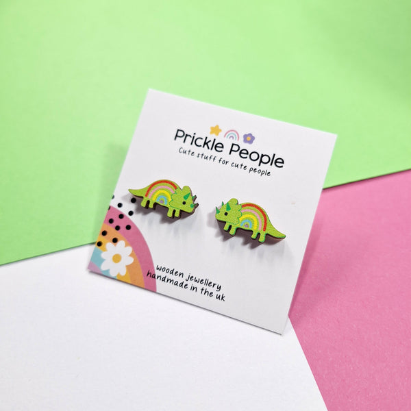 Prickle People - Rainbow Triceratops Stud Earrings Eco Wood
