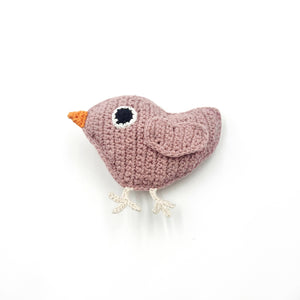 Pebblechild - Crochet toy handmade fairtrade Little bird rattle-dusky pink