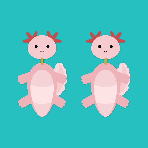 Hey There Munchquin - Axolotl animal danglies - lightweight wooden dangle earrings