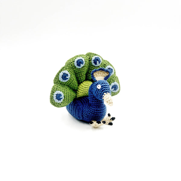 Pebblechild - Crochet toy handmade fairtrade Peacock Rattle