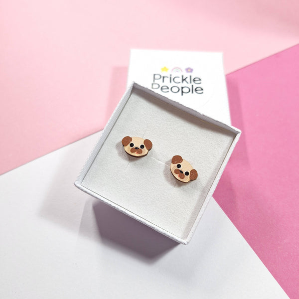 Prickle People - Cute Pug Stud Earrings - Eco Friendly Wooden Dog Jewellery