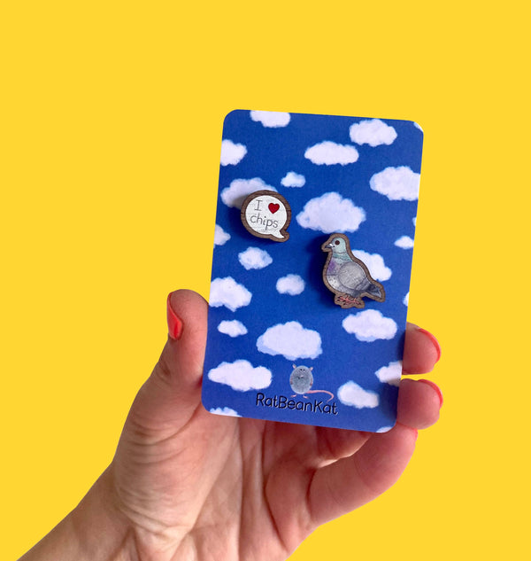 RatBeanKat - Wooden pigeon loves chips earrings