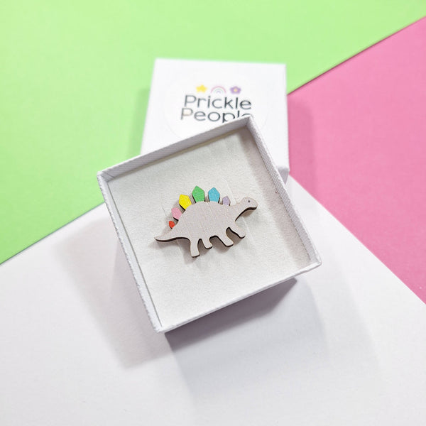 Prickle People - Dinosaur Rainbow Pin Brooch - Eco-Friendly Wood - Fun Gift