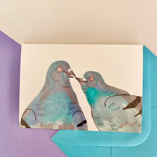 Fernandes Makes - Pigeon Couple goals, Bird Illustration, A6 Greeting Card