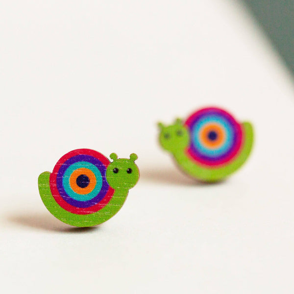 Hey There Munchquin - Rainbow snails - wooden stud earrings