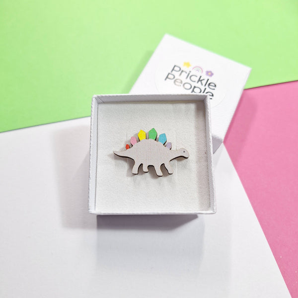 Prickle People - Dinosaur Rainbow Pin Brooch - Eco-Friendly Wood - Fun Gift