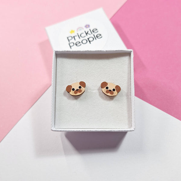 Prickle People - Cute Pug Stud Earrings - Eco Friendly Wooden Dog Jewellery