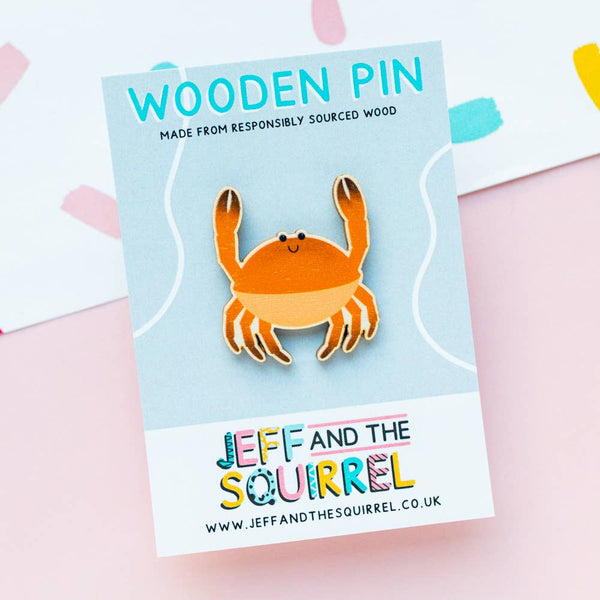 Jeff and the Squirrel - Orange Crab Wooden Pin Badge | Sustainable Ocean Beach
