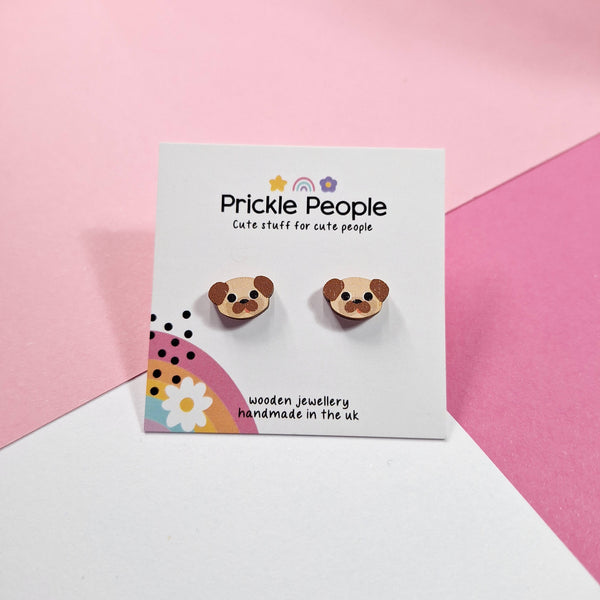 Prickle People - Cute Pug Stud Earrings - Eco Friendly Wooden Dog Jewellery