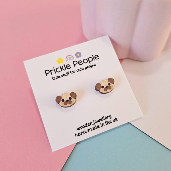 Prickle People - Cute Pug Stud Earrings - Eco Friendly Wooden Dog Jewellery