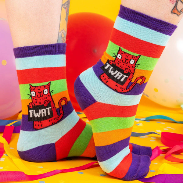 Katie Abey - Sweary Cat Tw*t Red Rainbow Socks