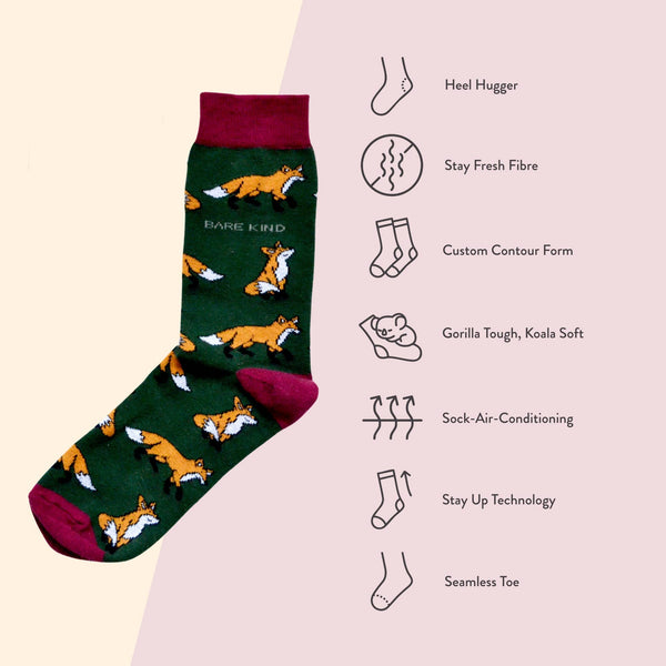Bare Kind Socks - Fox Socks | Bamboo Socks | Green Socks | Cheeky Socks