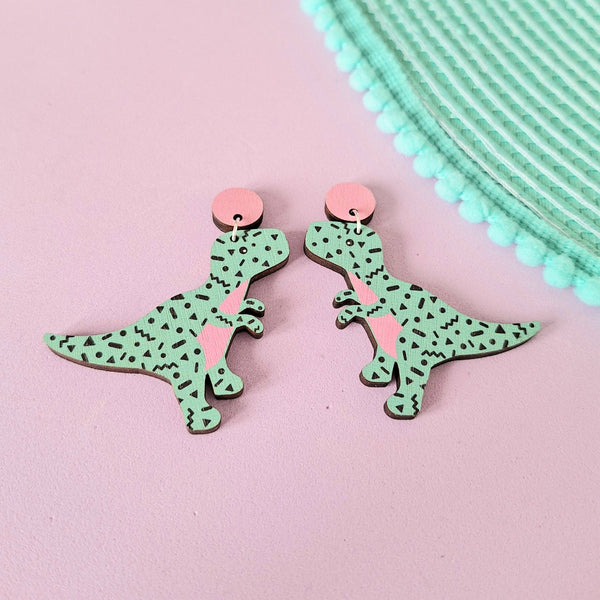 Prickle People - Turquoise Retro T-Rex Dinosaur Statement Earrings Pink and Blue
