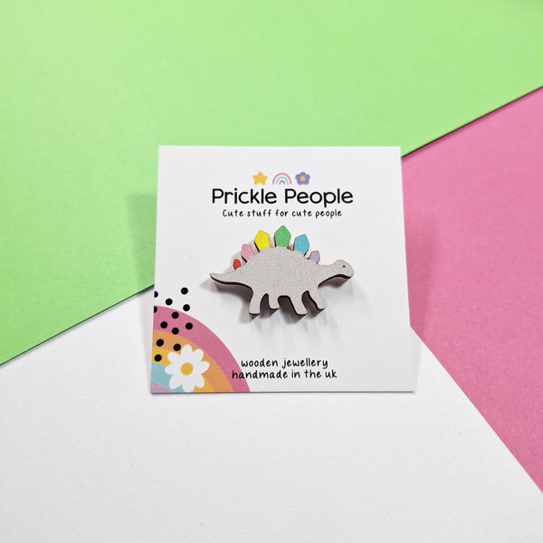 Prickle People - Dinosaur Rainbow Pin Brooch - Eco-Friendly Wood - Fun Gift