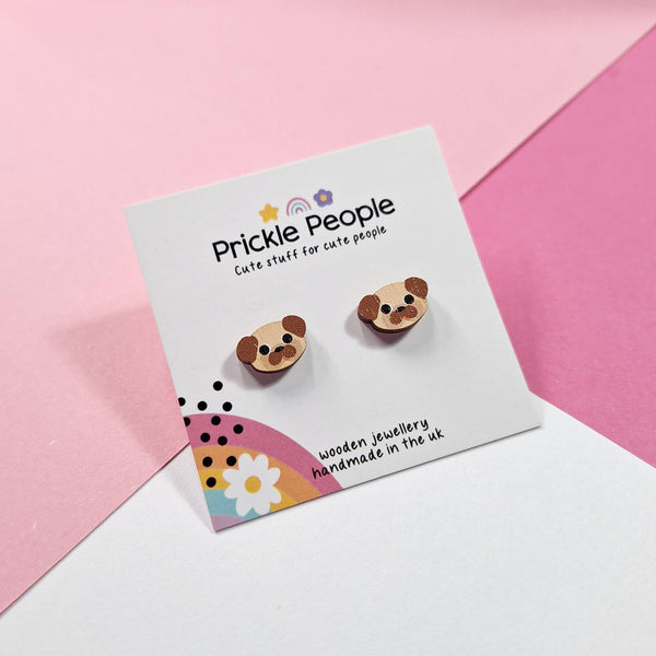 Prickle People - Cute Pug Stud Earrings - Eco Friendly Wooden Dog Jewellery