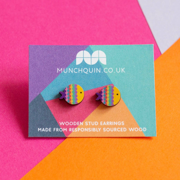 Hey There Munchquin - Colourful goldfish - eco friendly wooden stud earrings