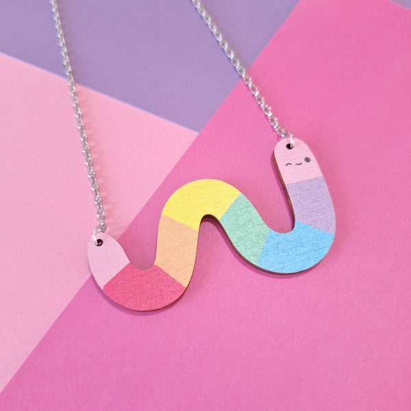 Prickle People - Rainbow Worm Pin Brooch, Wooden Jewellery, Cute