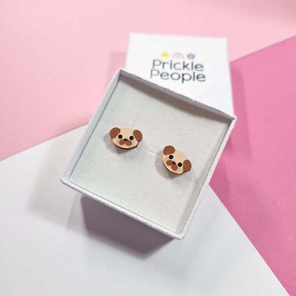 Prickle People - Cute Pug Stud Earrings - Eco Friendly Wooden Dog Jewellery