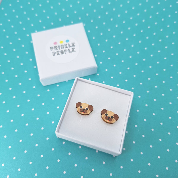 Prickle People - Cute Pug Stud Earrings - Eco Friendly Wooden Dog Jewellery