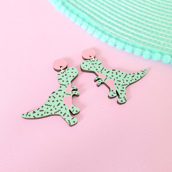 Prickle People - Turquoise Retro T-Rex Dinosaur Statement Earrings Pink and Blue