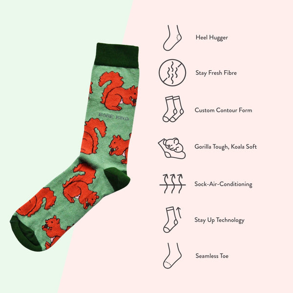 Bare Kind Socks - Red Squirrel Socks | Bamboo Socks | Light Green Socks
