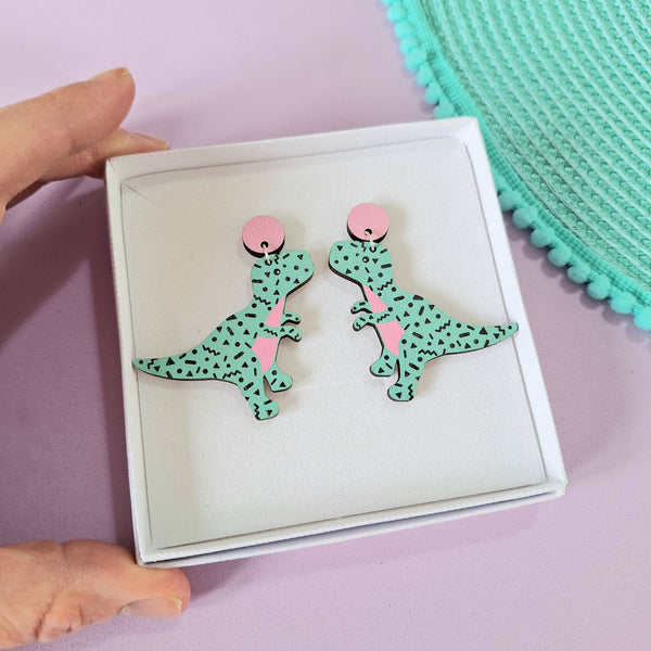 Prickle People - Turquoise Retro T-Rex Dinosaur Statement Earrings Pink and Blue