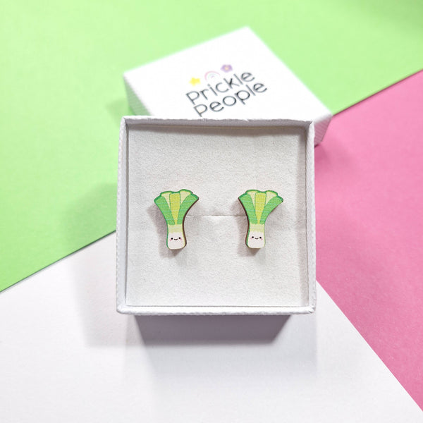 Prickle People - Leek stud earrings, welsh gift, laser cut, eco wood,