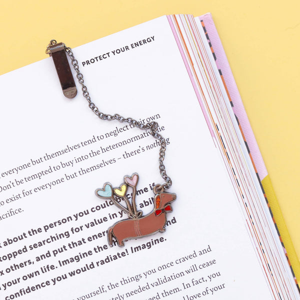 Fluffmallow (Custom duties for USA are pre-paid by us) - Sausage Dog Enamel Bookmark with Chain