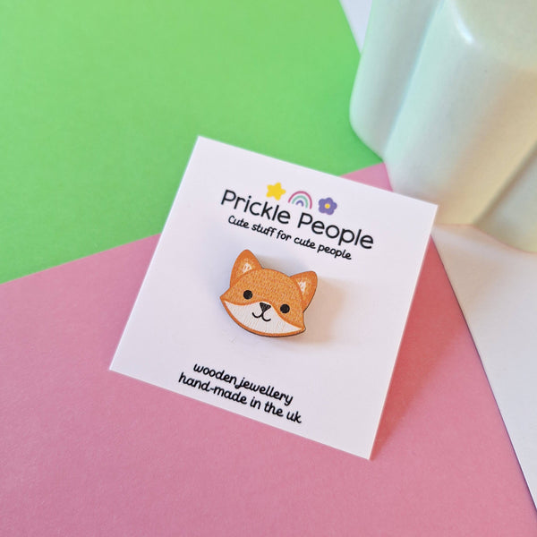 Prickle People - Cute Fox Pin Brooch - Eco Wood - UK Made - Kawaii