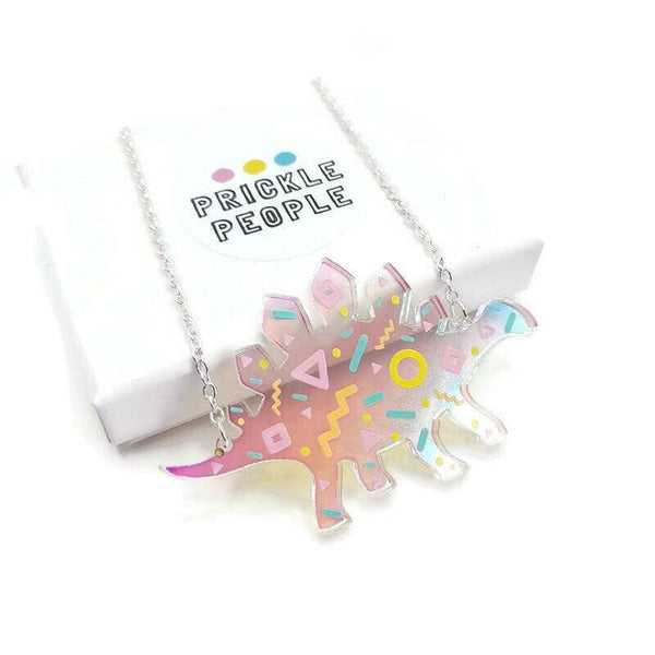 Prickle People - Iridescent Memphis pattern Dinosaur Necklace