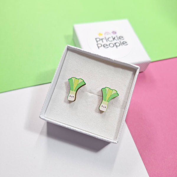 Prickle People - Leek stud earrings, welsh gift, laser cut, eco wood,