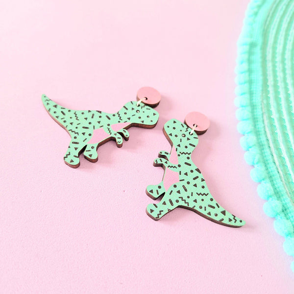 Prickle People - Turquoise Retro T-Rex Dinosaur Statement Earrings Pink and Blue