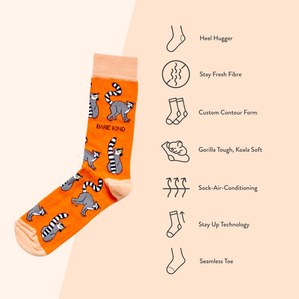 Bare Kind Socks - Lemur Socks | Bamboo Socks | Orange Socks | Funky Socks