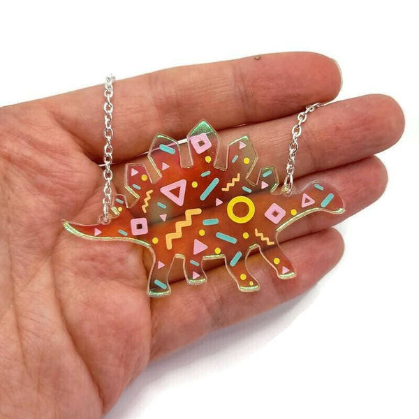 Prickle People - Iridescent Memphis pattern Dinosaur Necklace