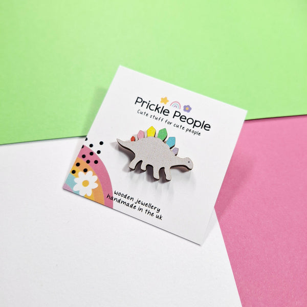 Prickle People - Dinosaur Rainbow Pin Brooch - Eco-Friendly Wood - Fun Gift
