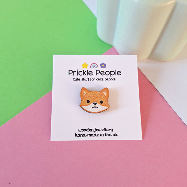 Prickle People - Cute Fox Pin Brooch - Eco Wood - UK Made - Kawaii