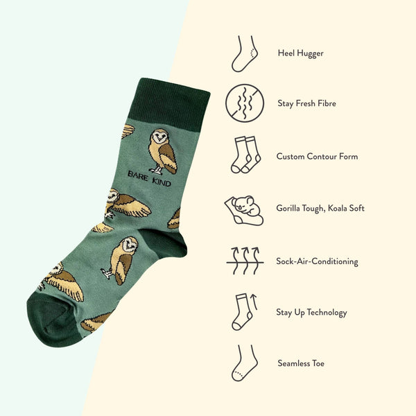 Bare Kind Socks - Barn Owl Socks | Bamboo Socks | Green Socks | Farm Socks