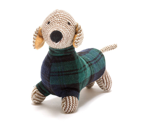 Best Years Ltd - Knitted Sausage Dog Baby Rattle with Tartan Jumper