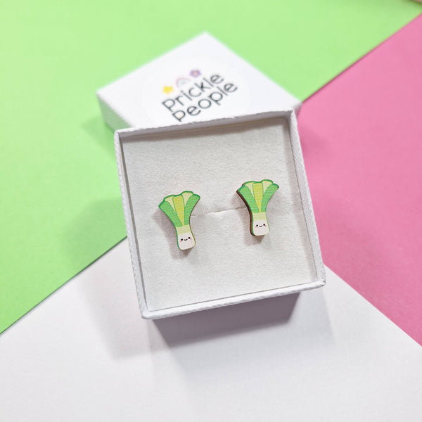 Prickle People - Leek stud earrings, welsh gift, laser cut, eco wood,