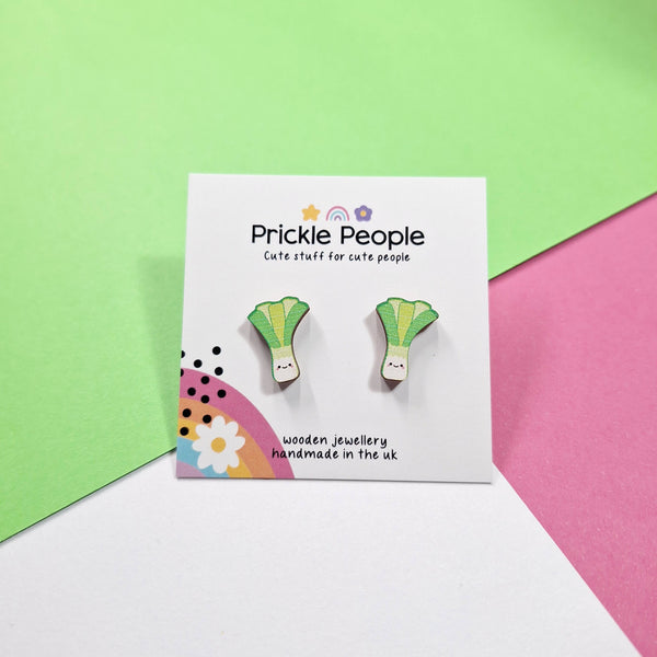 Prickle People - Leek stud earrings, welsh gift, laser cut, eco wood,