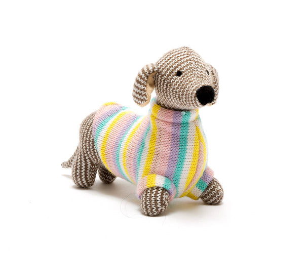 Best Years Ltd - Knitted Sausage Dog Baby Rattle in Pastel Jumper
