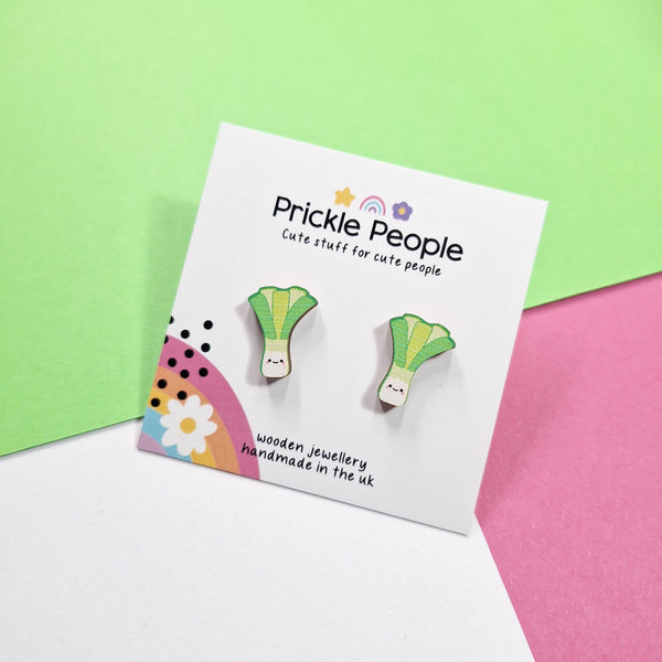Prickle People - Leek stud earrings, welsh gift, laser cut, eco wood,