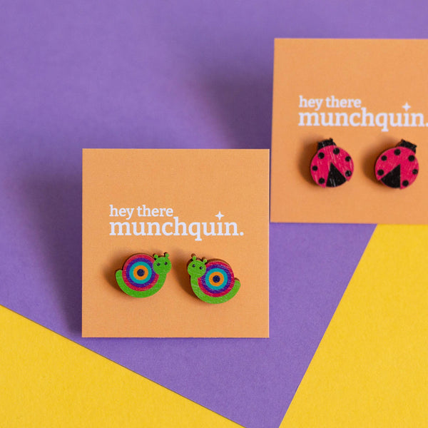 Hey There Munchquin - Rainbow snails - wooden stud earrings