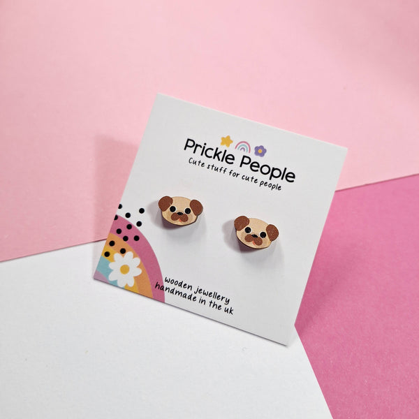 Prickle People - Cute Pug Stud Earrings - Eco Friendly Wooden Dog Jewellery