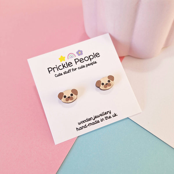 Prickle People - Cute Pug Stud Earrings - Eco Friendly Wooden Dog Jewellery