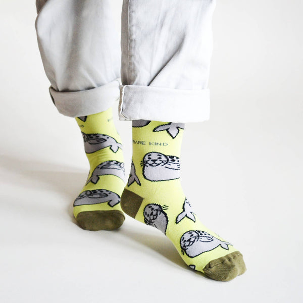 Bare Kind Socks - Seal Socks | Bamboo Socks | Summery Green Socks: UK Adult 4-7 / Single Pair / Seals