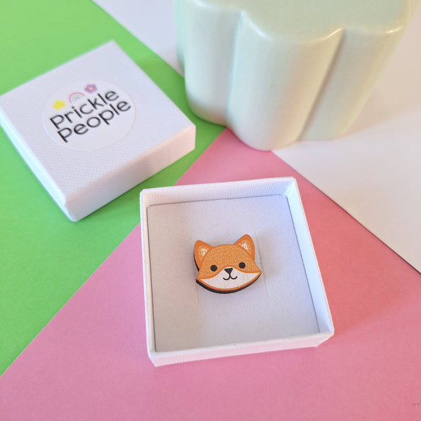 Prickle People - Cute Fox Pin Brooch - Eco Wood - UK Made - Kawaii
