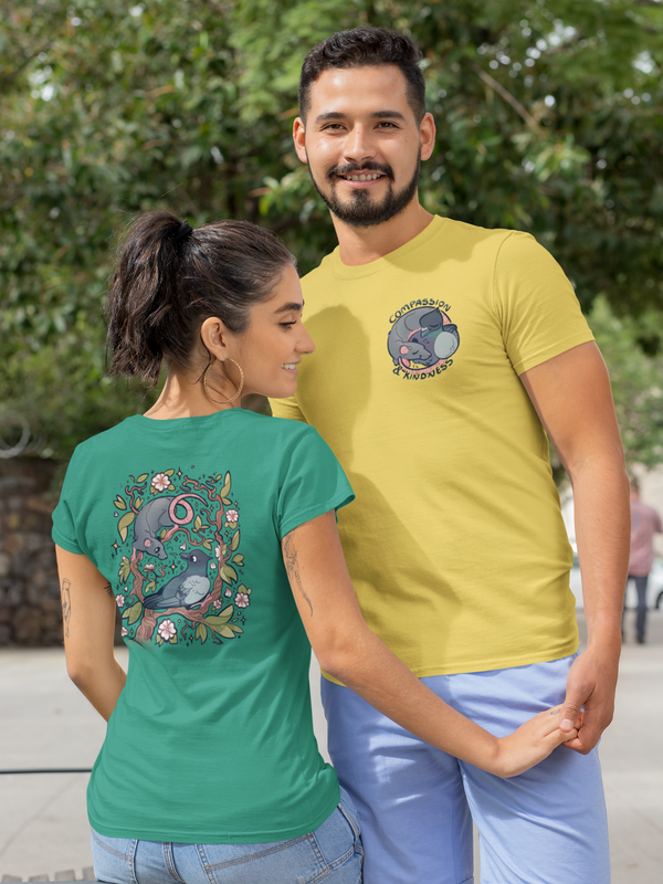 Compassion and Kindness, Rat and Pigeon , Adults Premium T-shirt (light Colours) Colour print on reverse