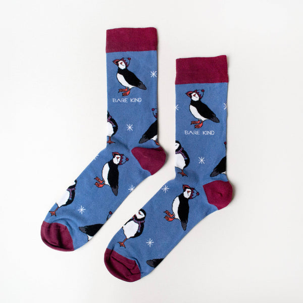 Bare Kind Socks - Christmas Puffin Socks | Blue Socks | Bamboo Socks size 4-7